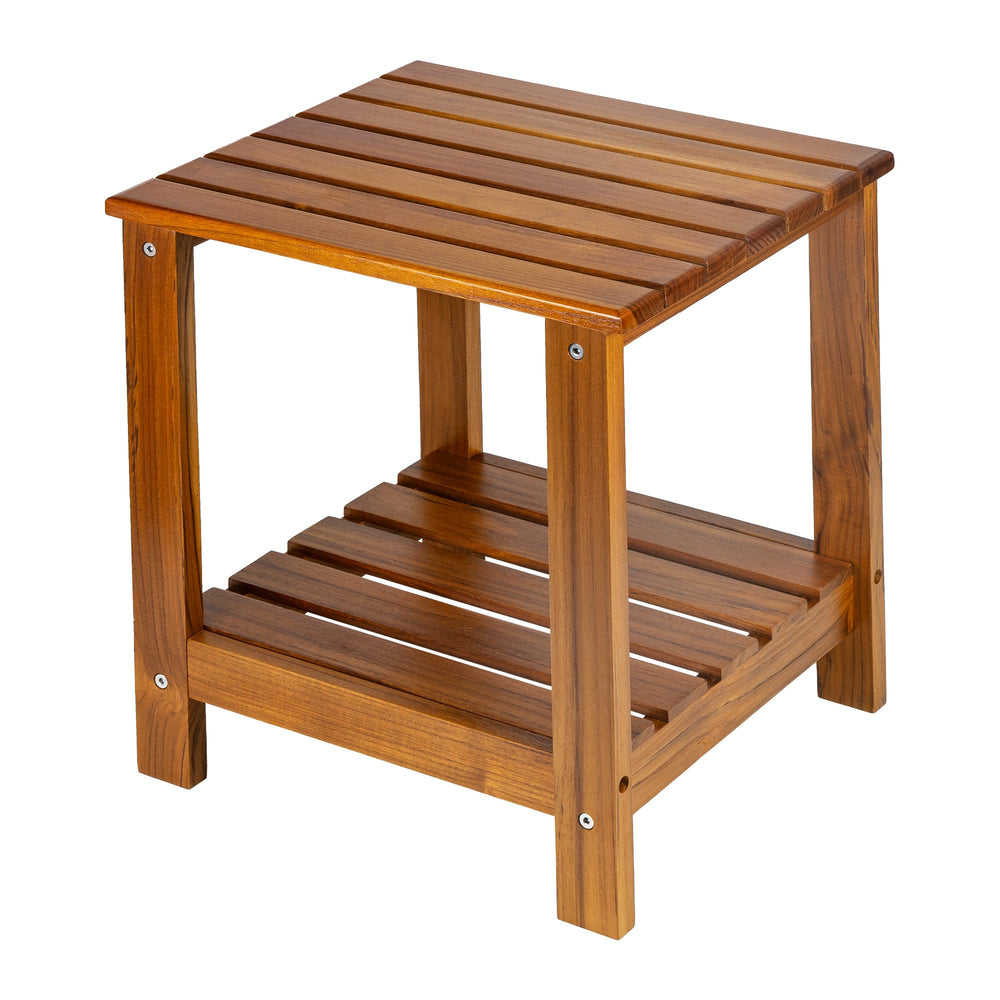 Utoplike teak side table front view showing stable double-layer storage and style