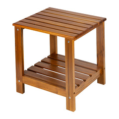 Utoplike teak side table front view showing stable double-layer storage and style