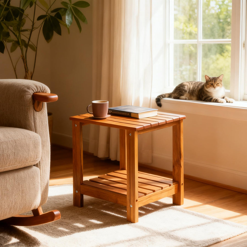 Utoplike table next to lounge chair showing compact scale and convenient reach