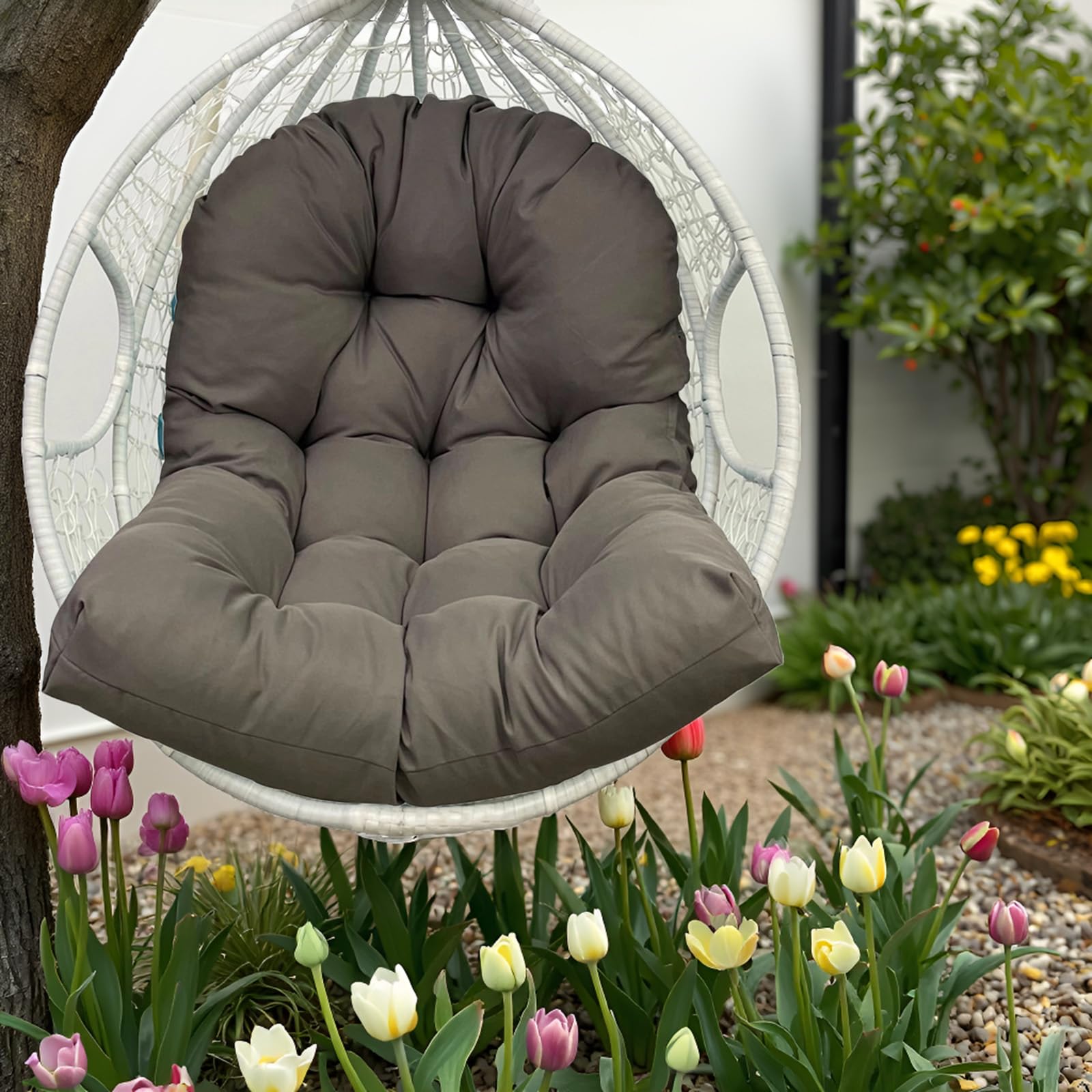 UUluhao front view of dark grey egg chair cushion showing fit and comfort