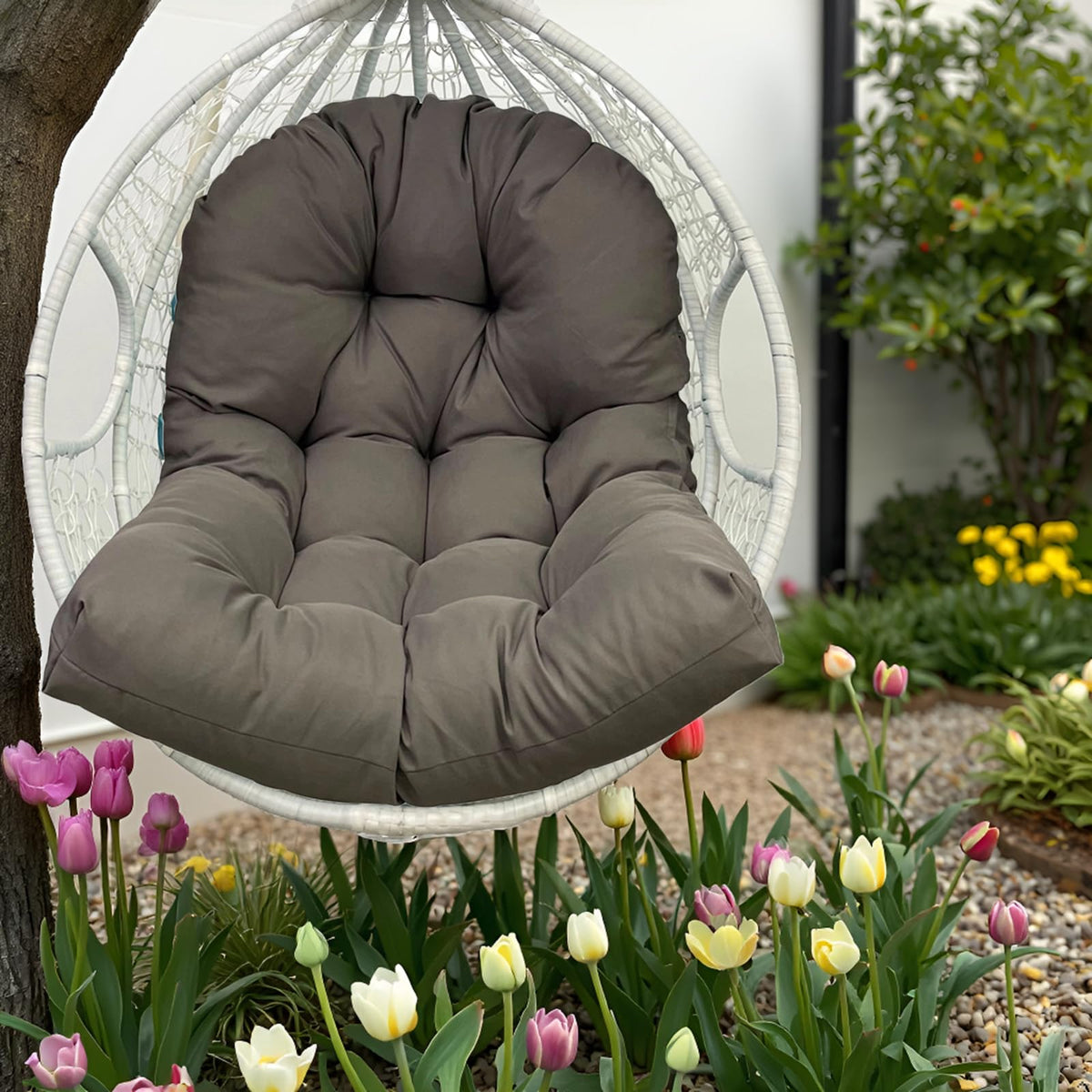 UUluhao front view of dark grey egg chair cushion showing fit and comfort