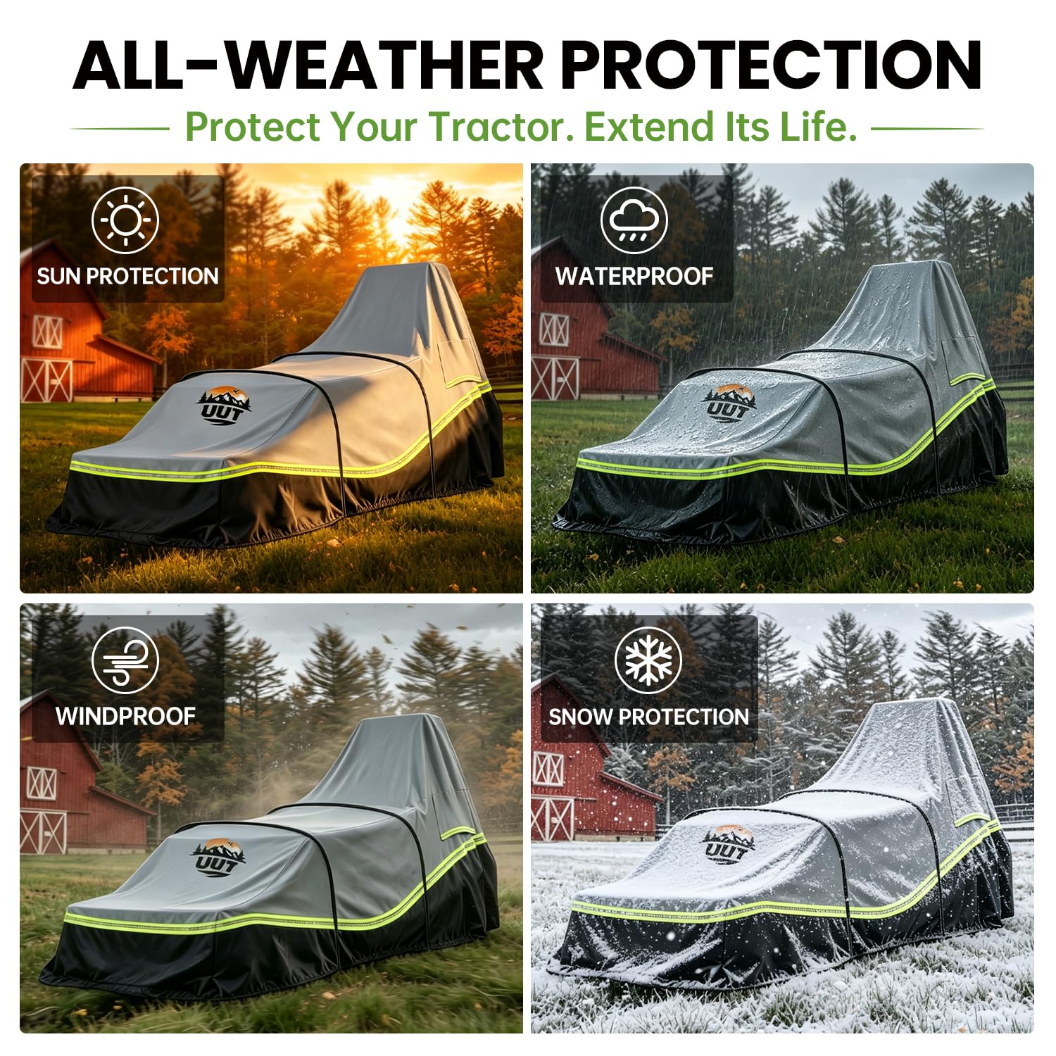 UUT tractor covered on farm illustrating all-season outdoor protection benefit