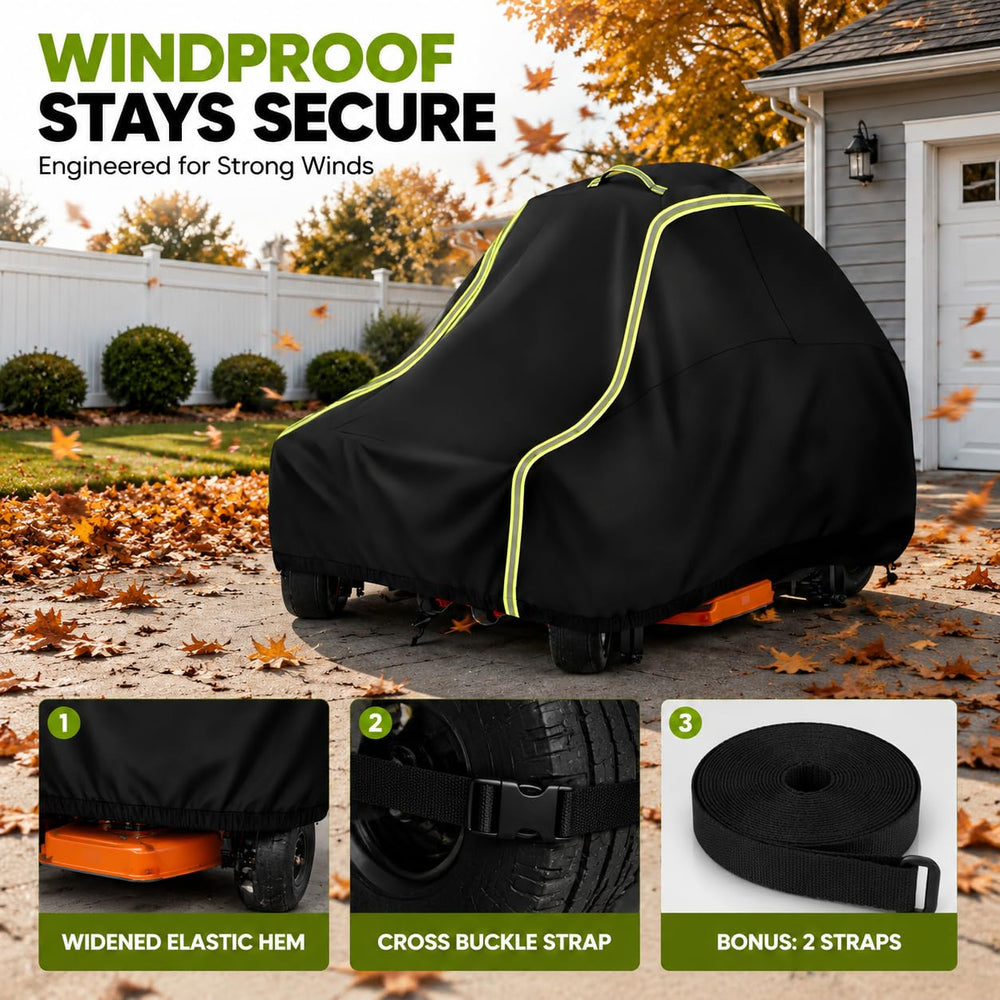 UUT cover installed on a mower protecting from rain and debris