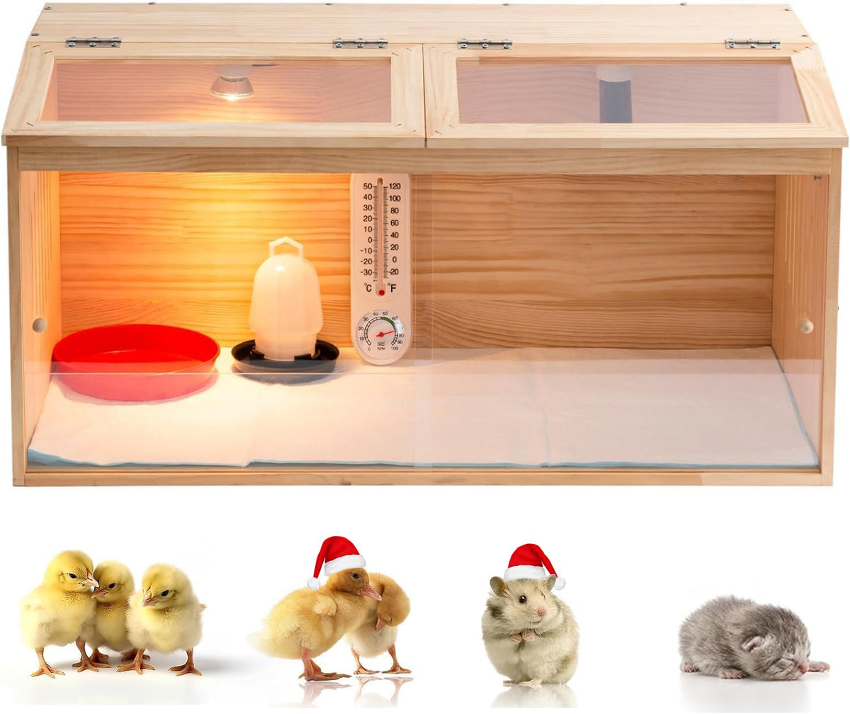 UYDJKLS front view of wooden brooder box showing sturdy construction and clear panel for easy monitoring