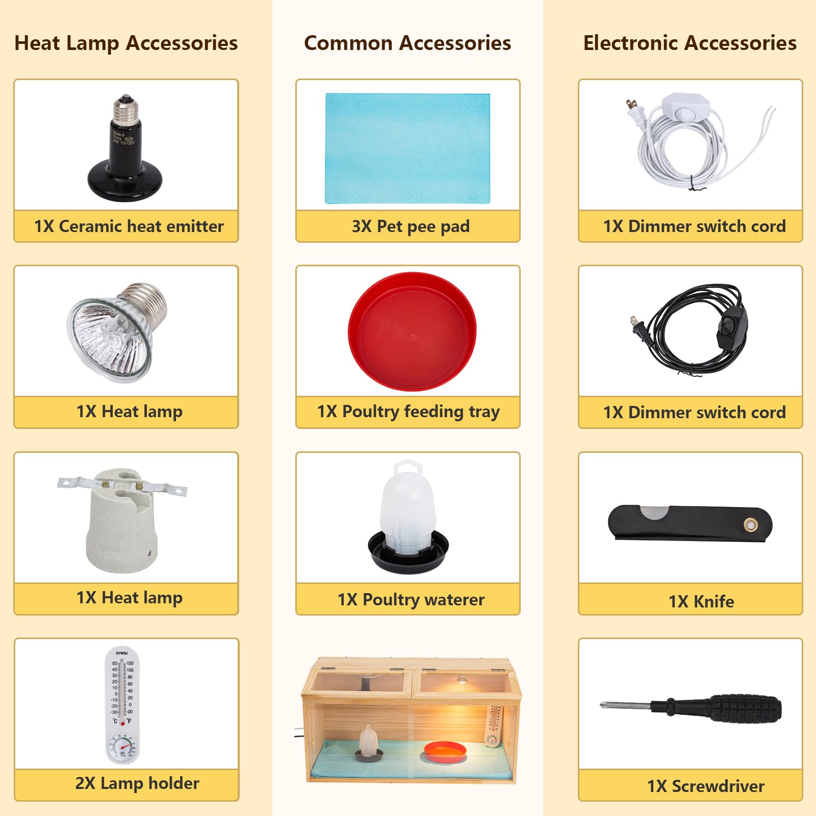 UYDJKLS accessories laid out: feeder, waterer, screwdriver, bulbs for quick setup and convenience