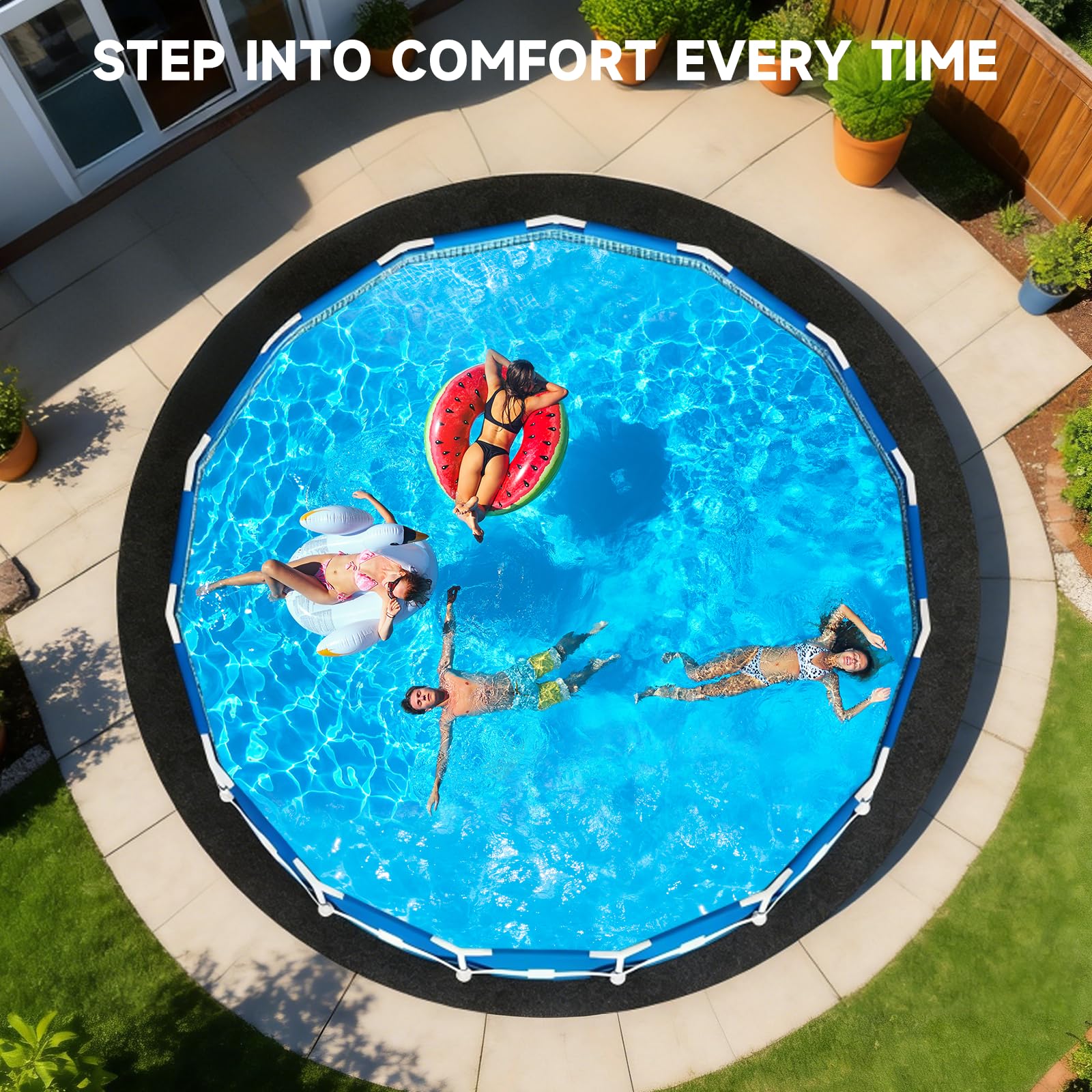 Uyittour backyard view with pad installed under pool showing improved comfort and aesthetics