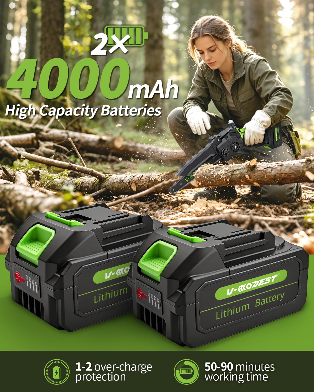 V-MODEST dual batteries display indicating two 4000mAh packs for extended runtime