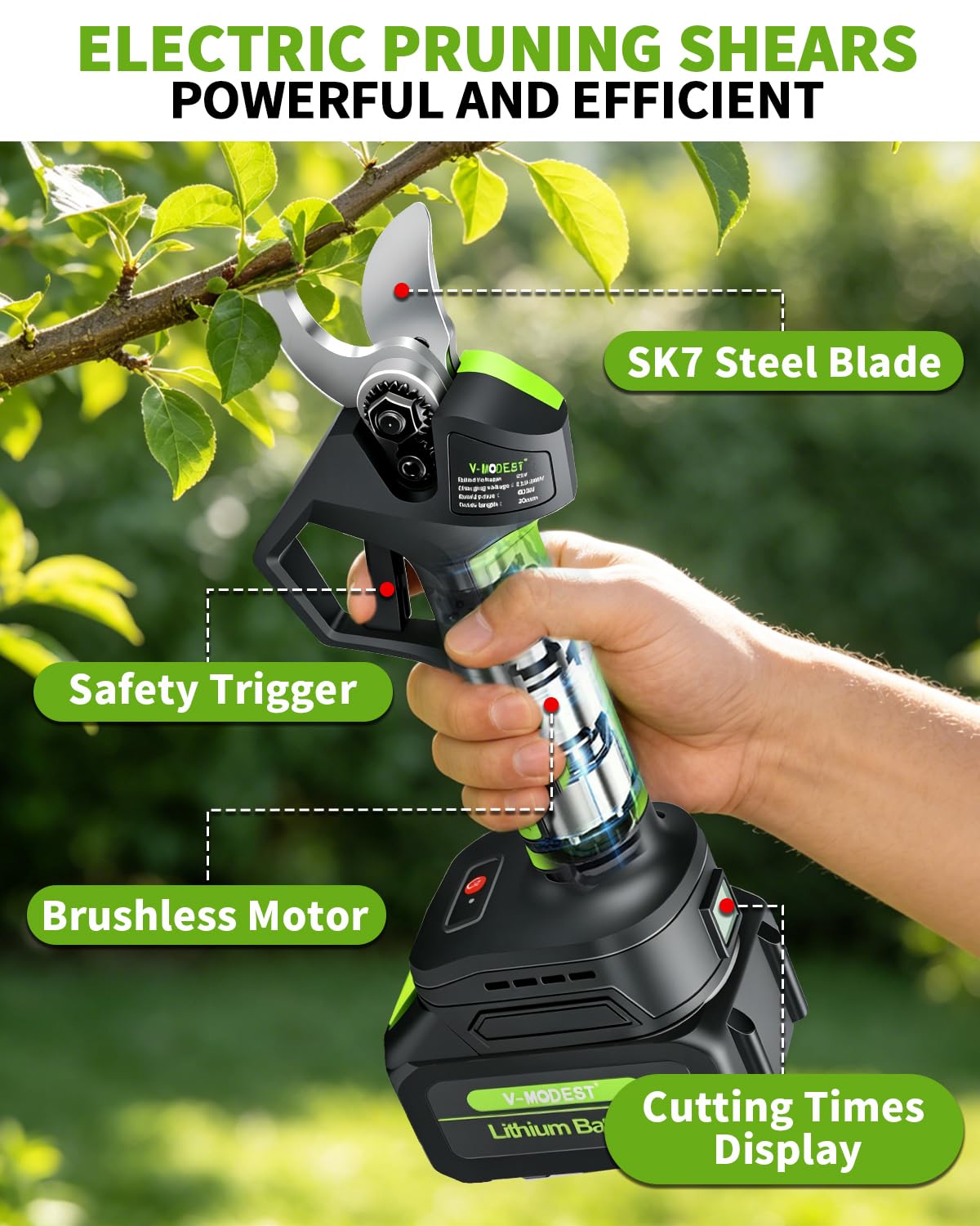 V-MODEST blade and chain closeup showing hardened SK7 steel for long-lasting sharpness