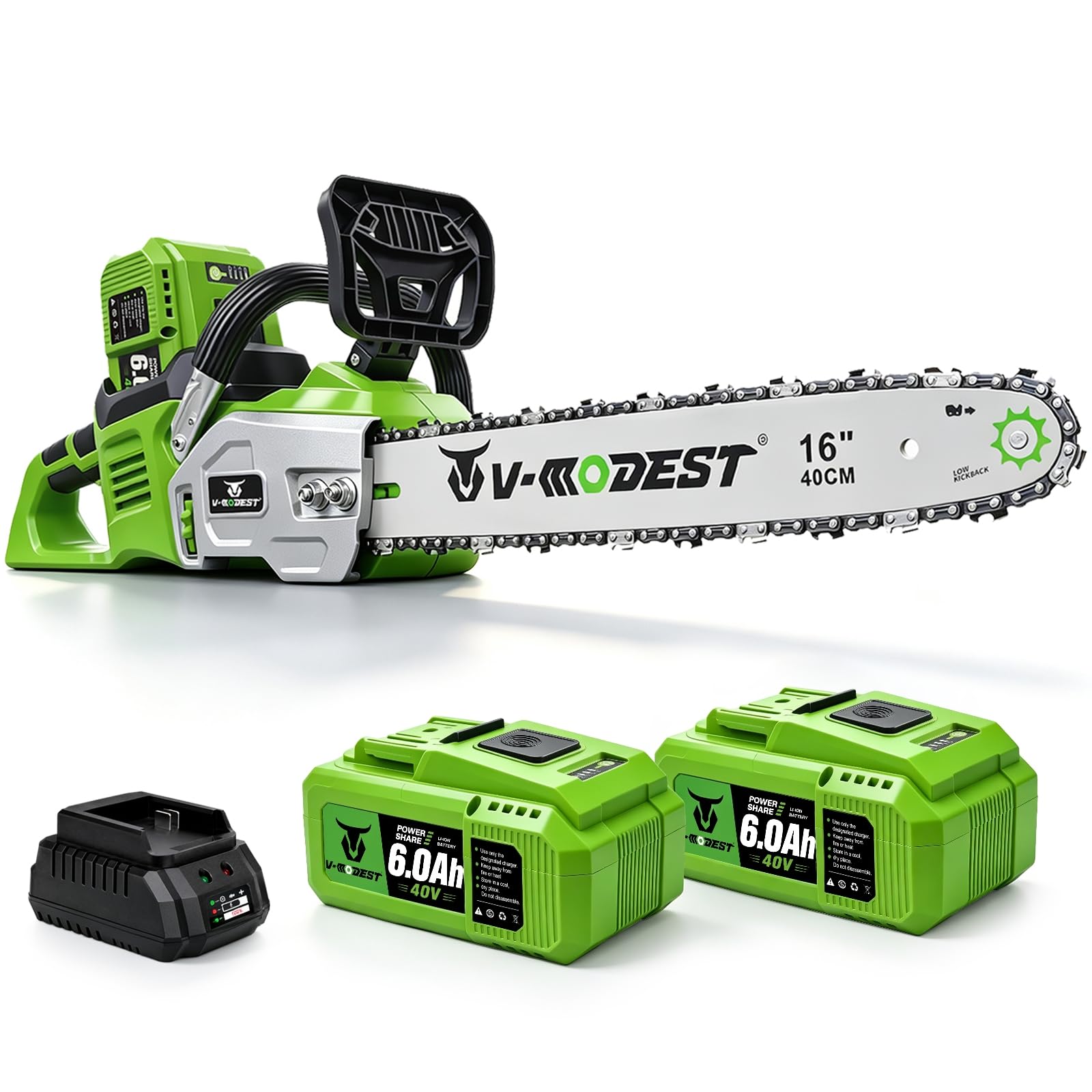 V-MODEST chainsaw front view showing compact design and ready-to-use power
