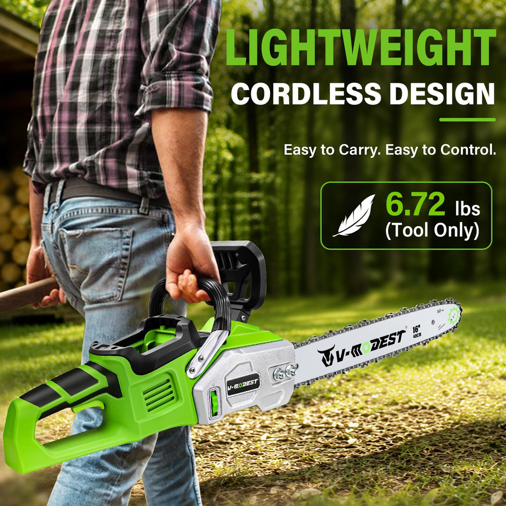 V-MODEST saw cutting small tree limbs in yard demonstrating everyday use
