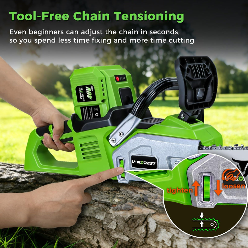 V-MODEST chainsaw held in hand illustrating lightweight 10 lb without battery