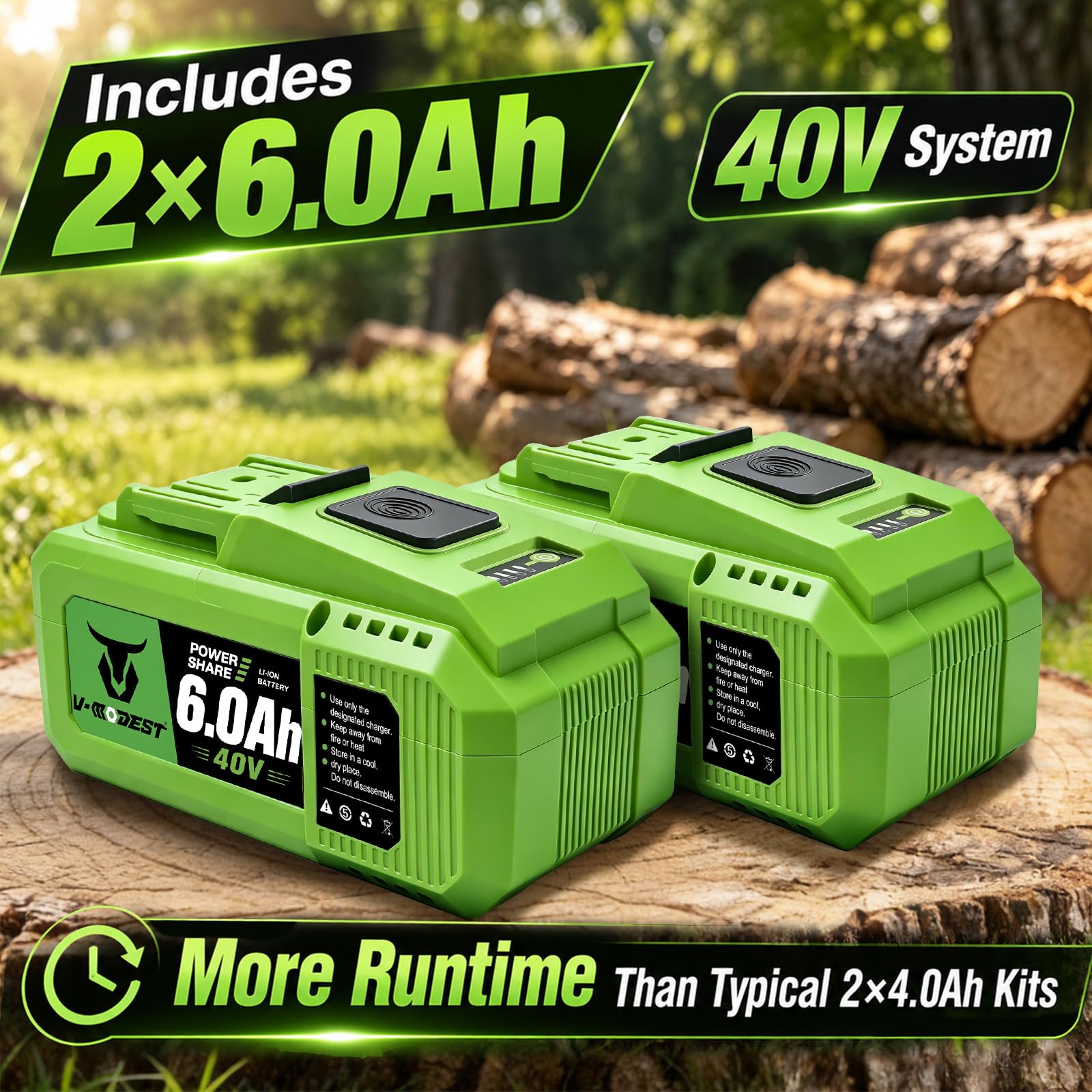 V-MODEST batteries beside saw highlighting dual 6.0Ah pack for extended runtime