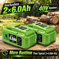 V-MODEST batteries beside saw highlighting dual 6.0Ah pack for extended runtime