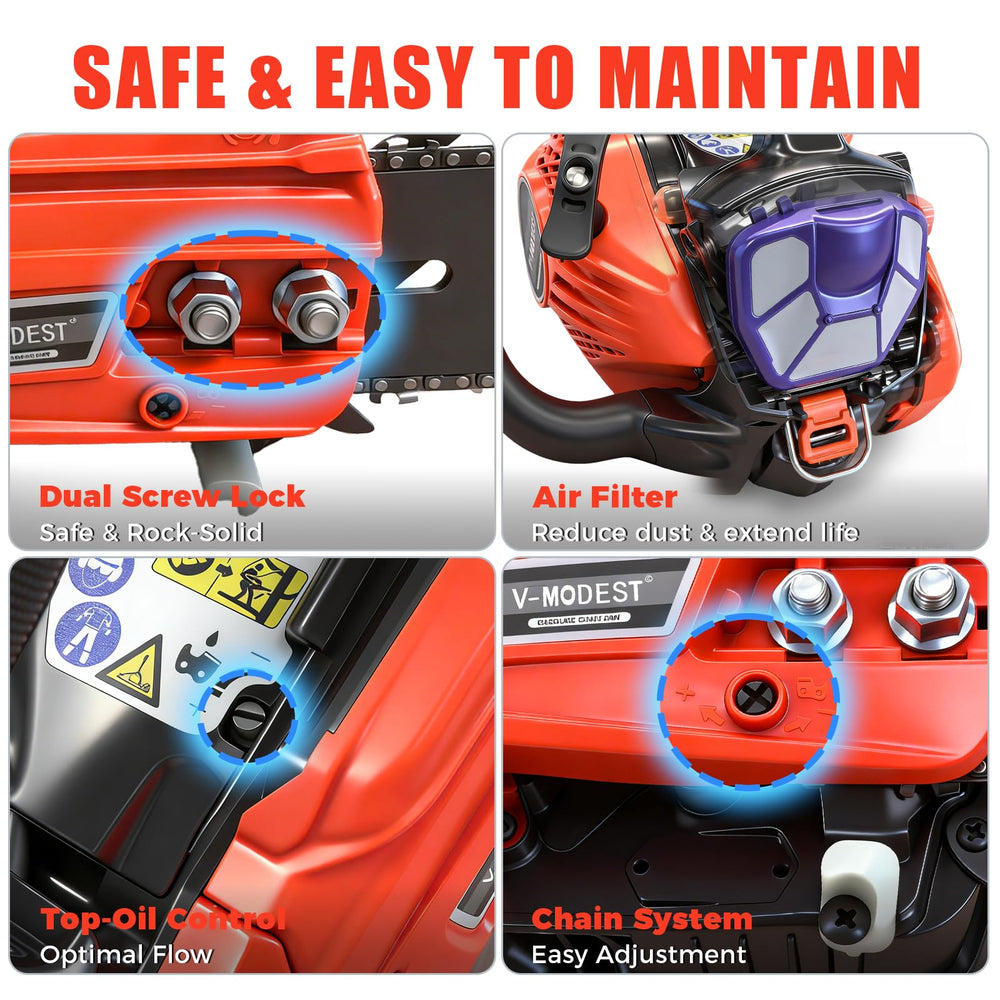 V-MODEST engine and air filter detail highlights easy serviceability benefit