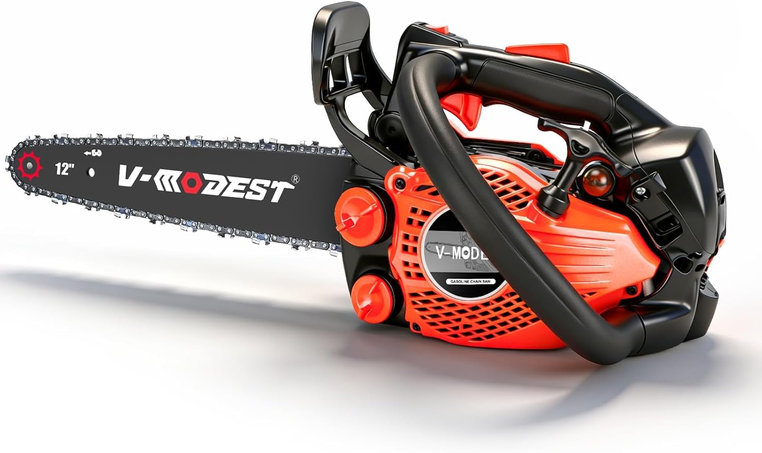 V-MODEST front view of 12-inch chainsaw showing compact lightweight design benefit