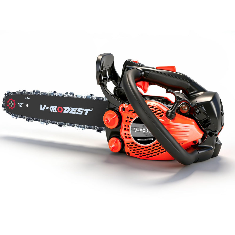 V-MODEST front view showing compact chainsaw and ready-to-use benefit
