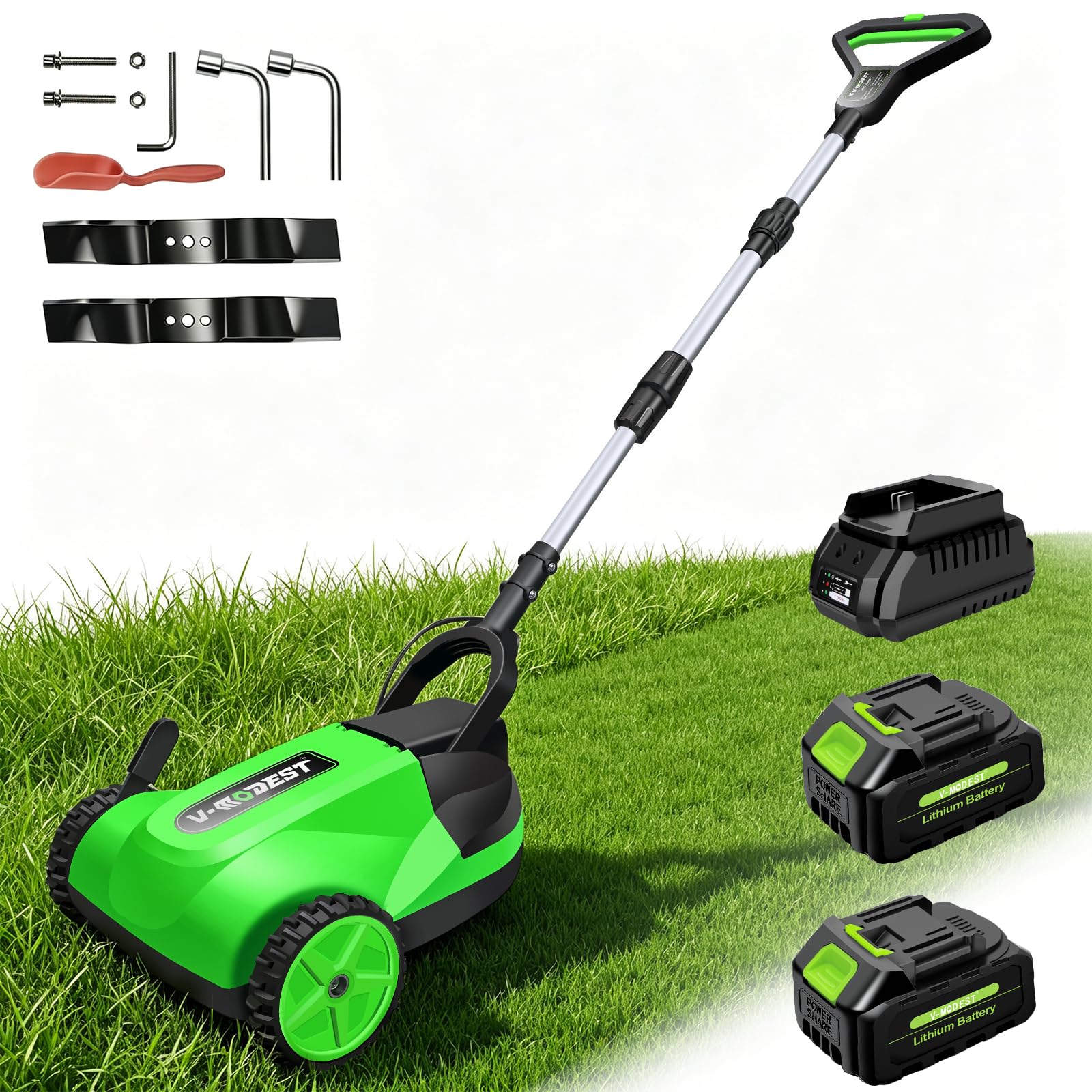 V-MODEST front view of mini mower showing compact design and maneuverability