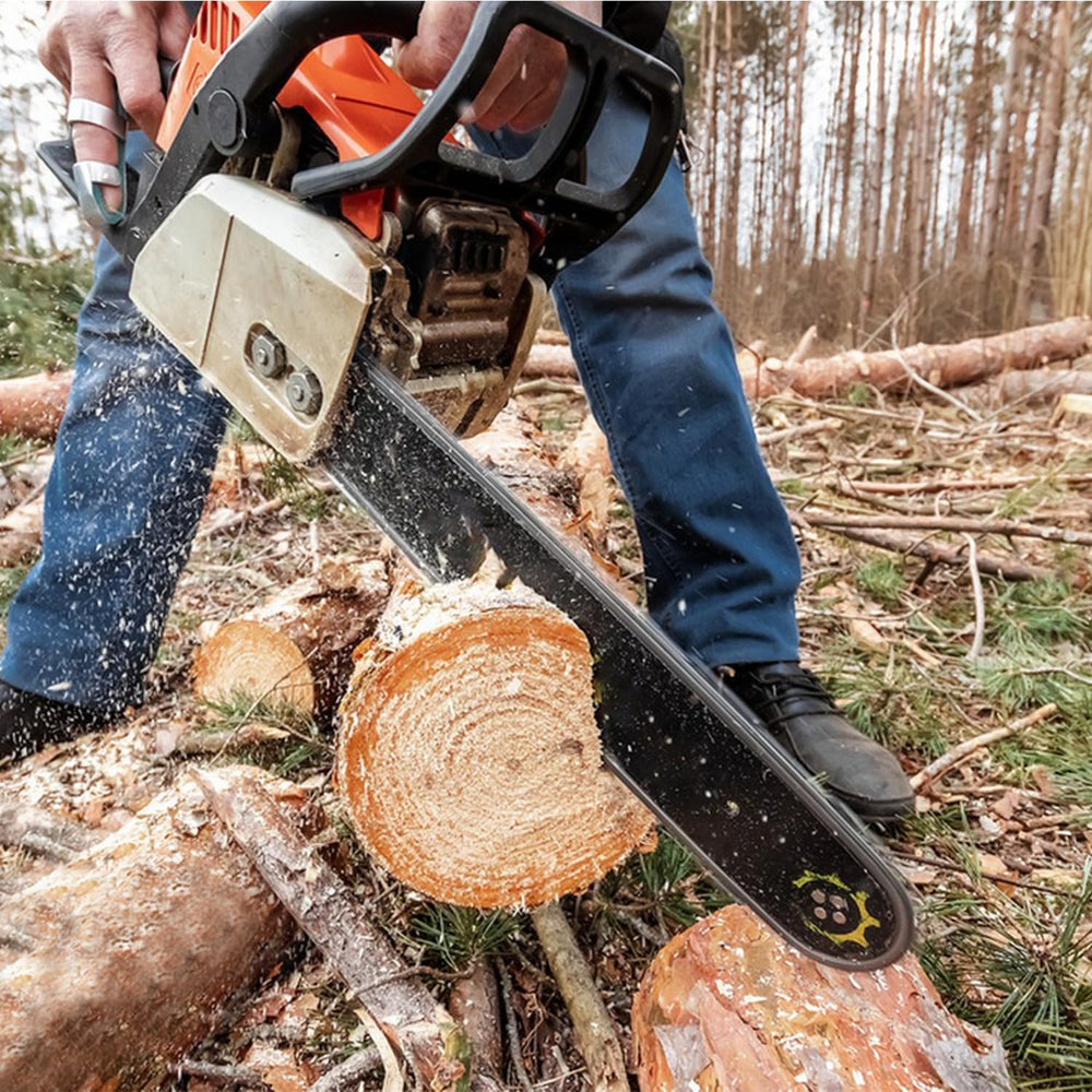 V-MODEST chain on saw cutting firewood showing efficient real-world cutting performance