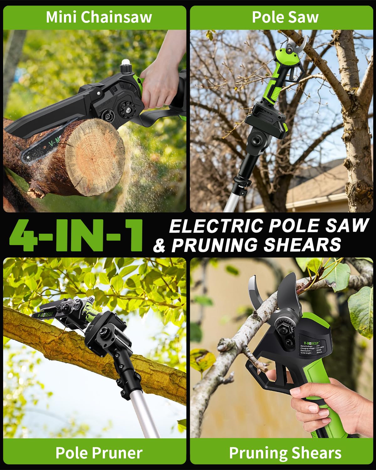 V-MODEST extended pole full length demonstrating 15ft reach for ladder-free cutting