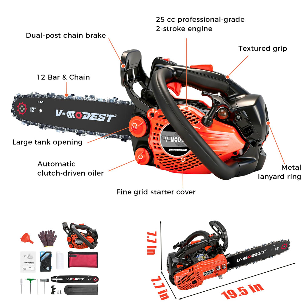 V-MODEST chain brake closeup emphasizes quick-stop safety feature