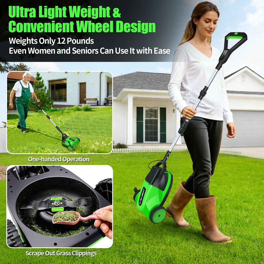 V-MODEST mower in use on lawn illustrating quiet, efficient cutting