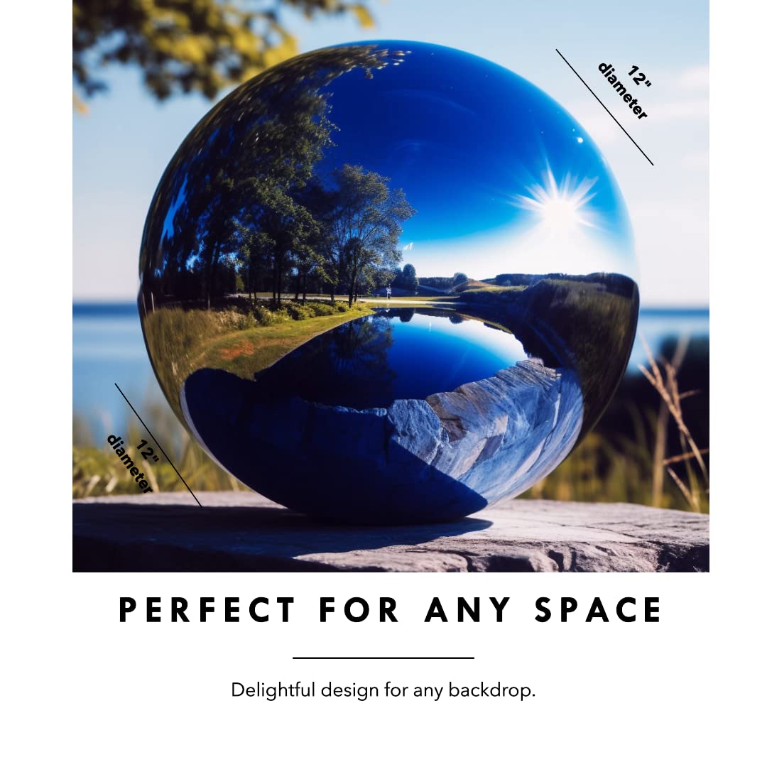 v2croft blue gazing ball close-up of polished stainless steel highlighting clarity