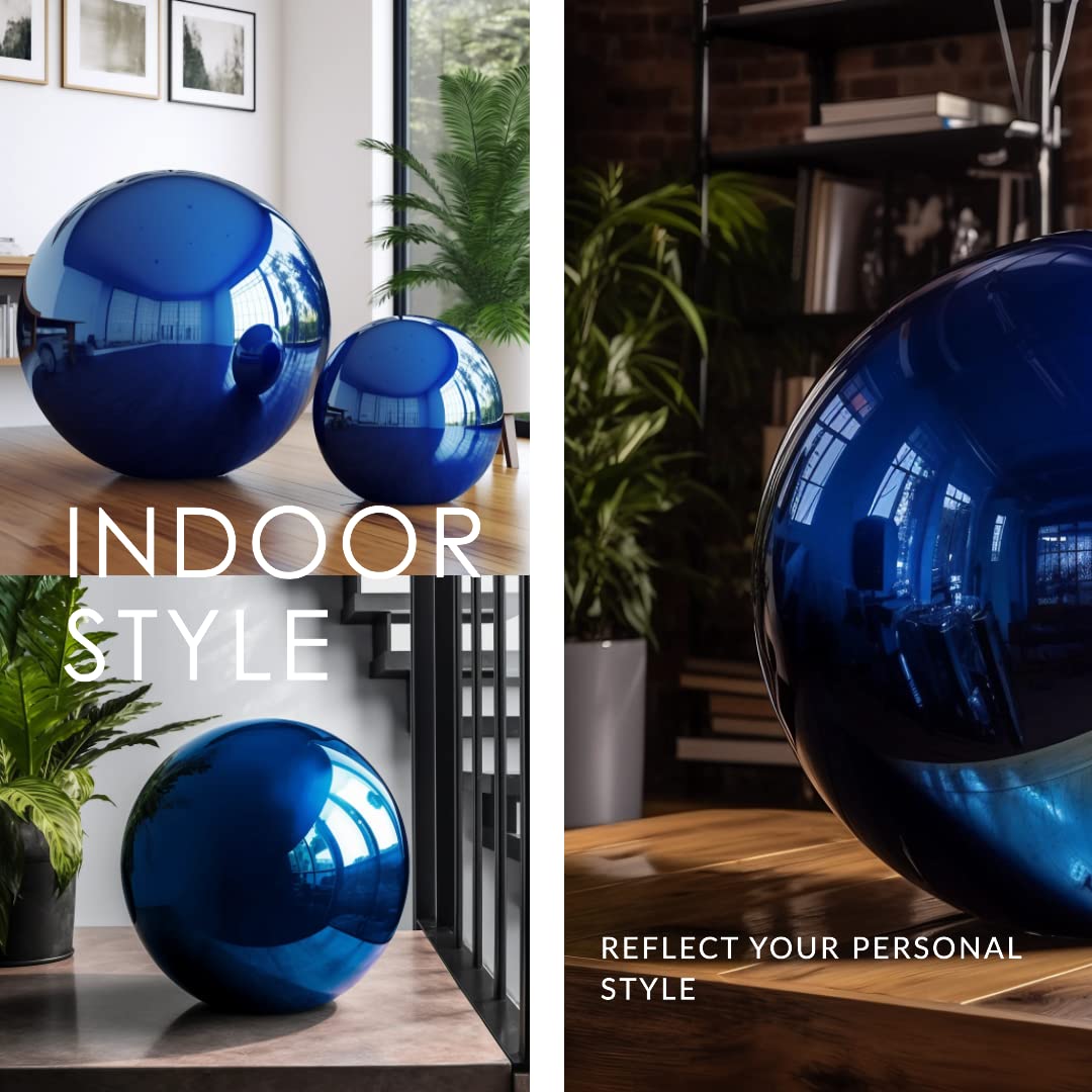 v2croft blue gazing ball beside hand showing 12 inch scale and portability benefit