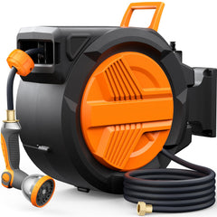 VACOOR front view of mounted hose reel showing compact storage benefit