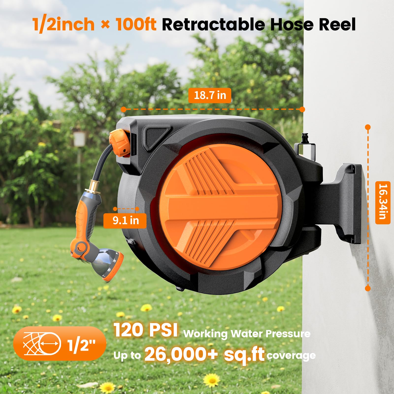 VACOOR reel in use watering garden showing tidy hose management