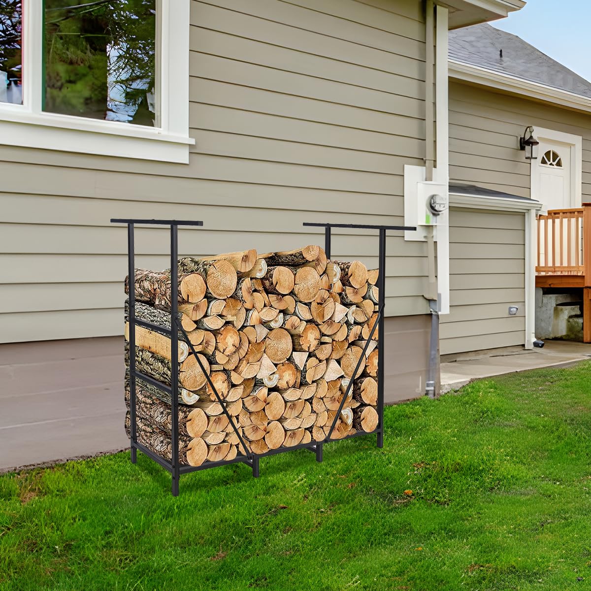 Vailge assembled rack beside indoor fireplace showing tidy storage solution