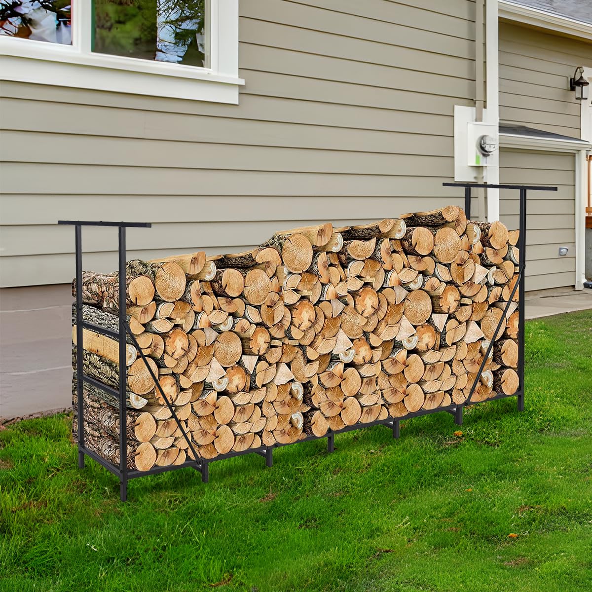 Vailge rack staged by fire pit illustrating tidy backyard wood access