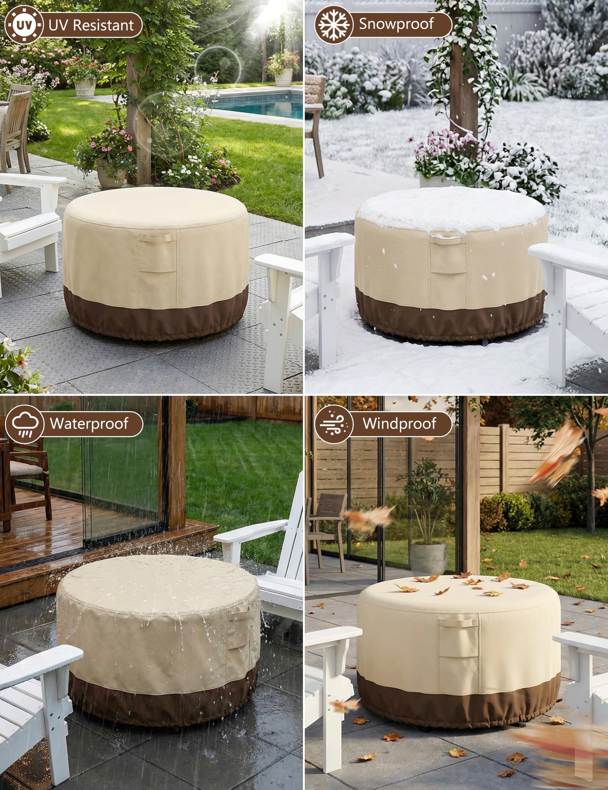 Vailge covered firepit in backyard demonstrating weatherproof protection