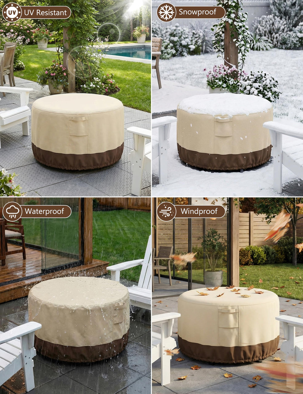 Vailge covered firepit in backyard demonstrating weatherproof protection
