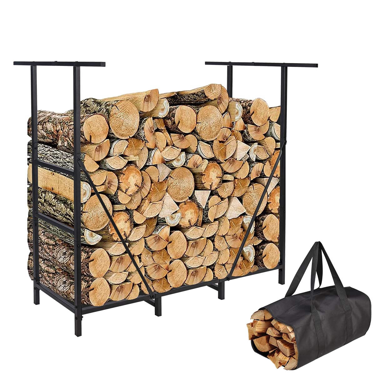 Vailge front view of 4ft log rack showing neat stacked firewood and sturdy frame
