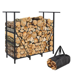 Vailge front view of 4ft log rack showing neat stacked firewood and sturdy frame