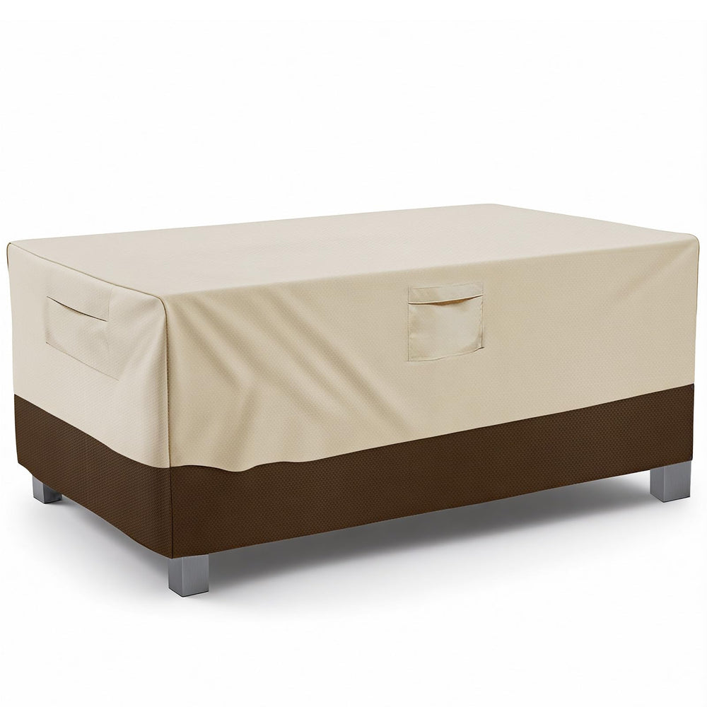 Vailge front view of rectangular cover protecting patio table, shows full coverage benefit