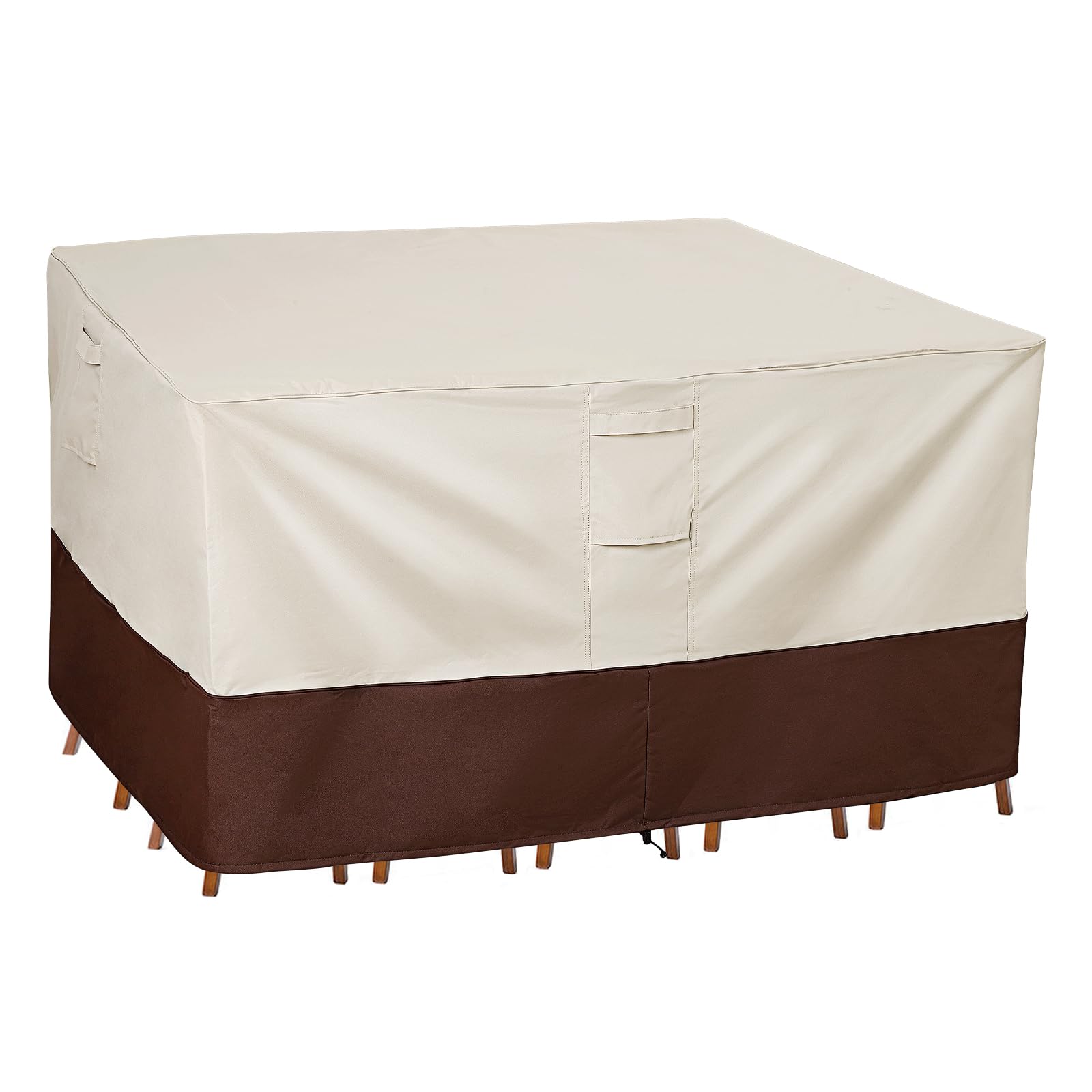 Vailge front view of beige and brown cover protecting small square patio set