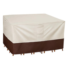 Vailge front view of beige and brown cover protecting small square patio set