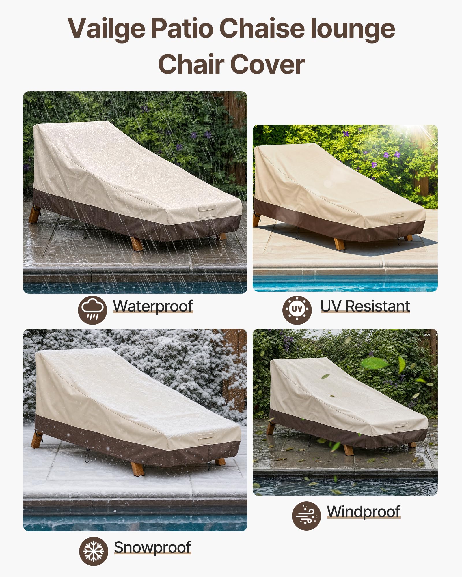 Vailge cover in use on a patio chaise showing weather protection and neat appearance