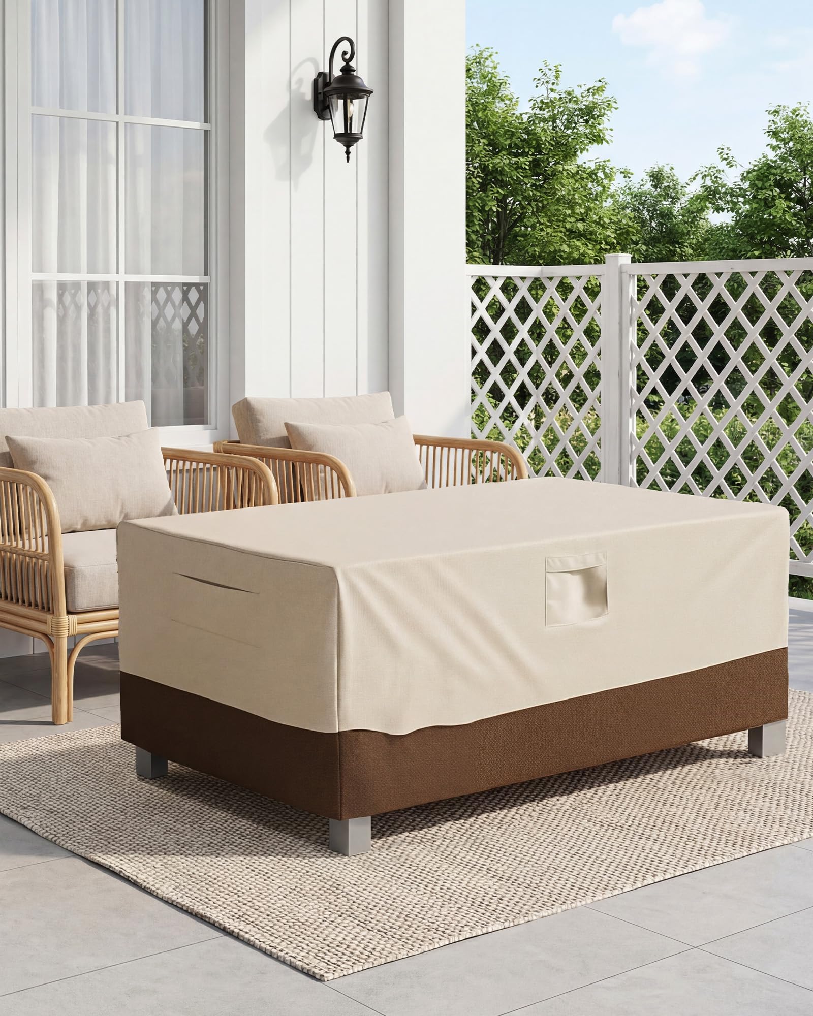 Vailge lifestyle shot of covered patio table in yard, demonstrating all-weather outdoor protection