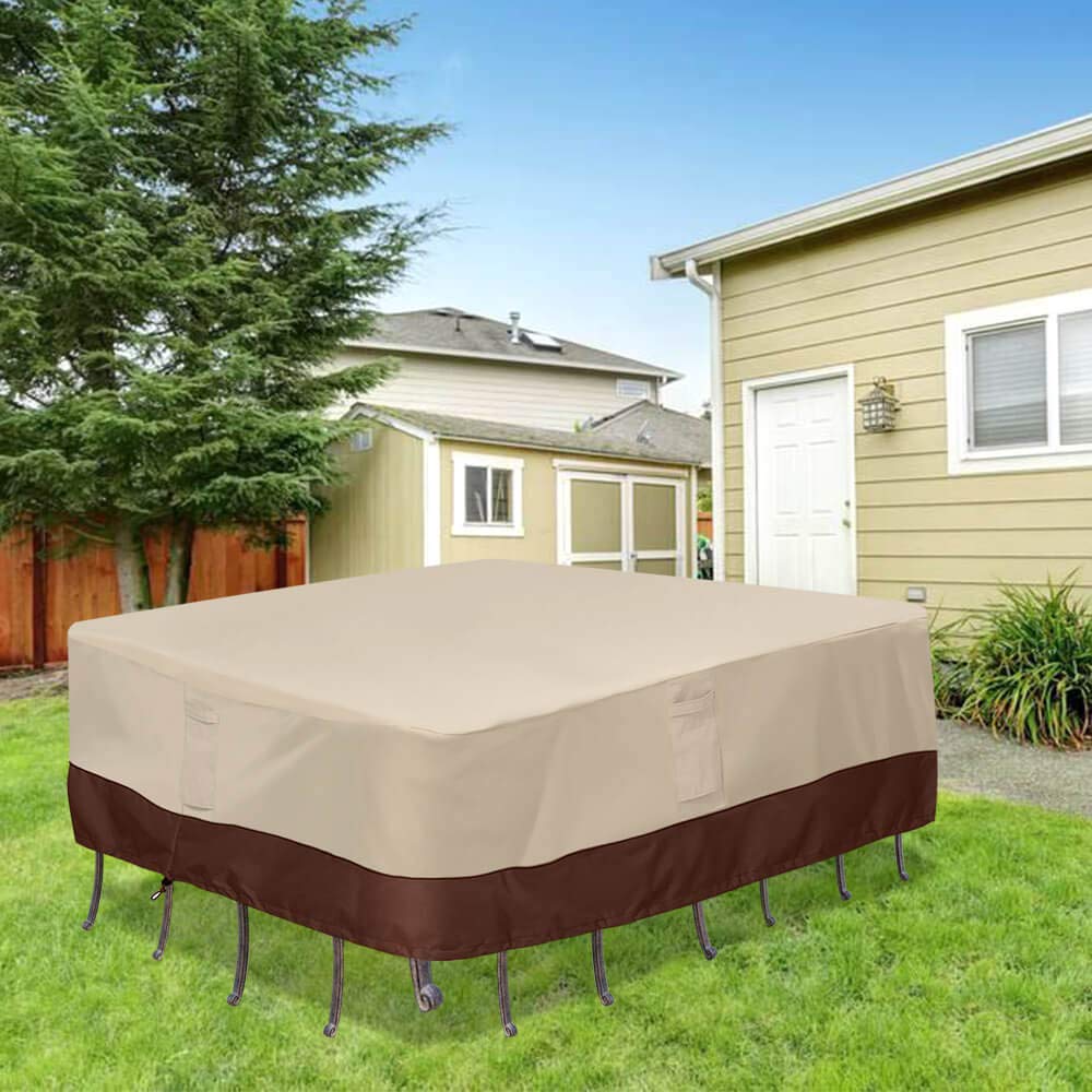 Vailge lifestyle patio setting with cover blending into outdoor decor