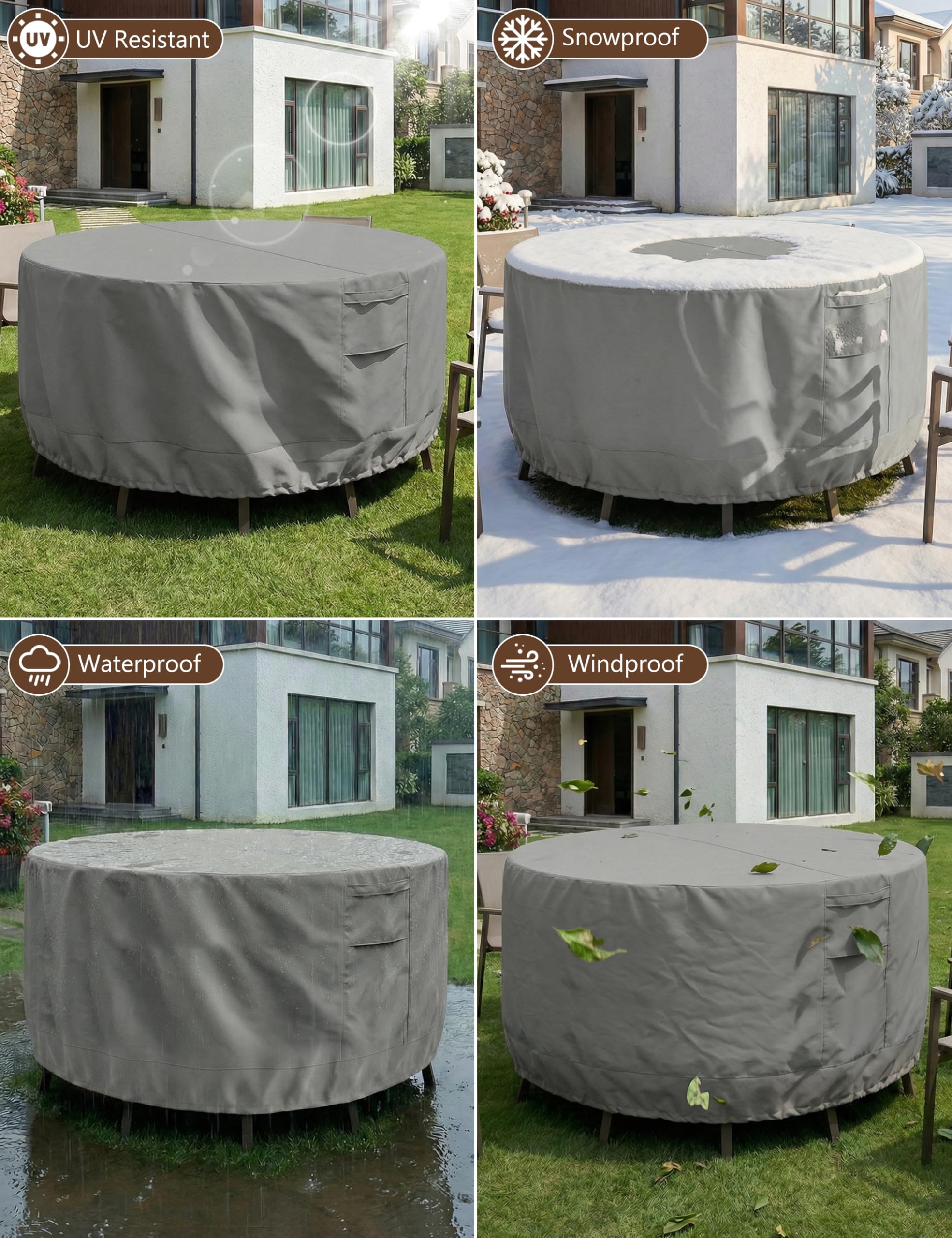 Vailge cover on patio with furniture showing all-weather protection