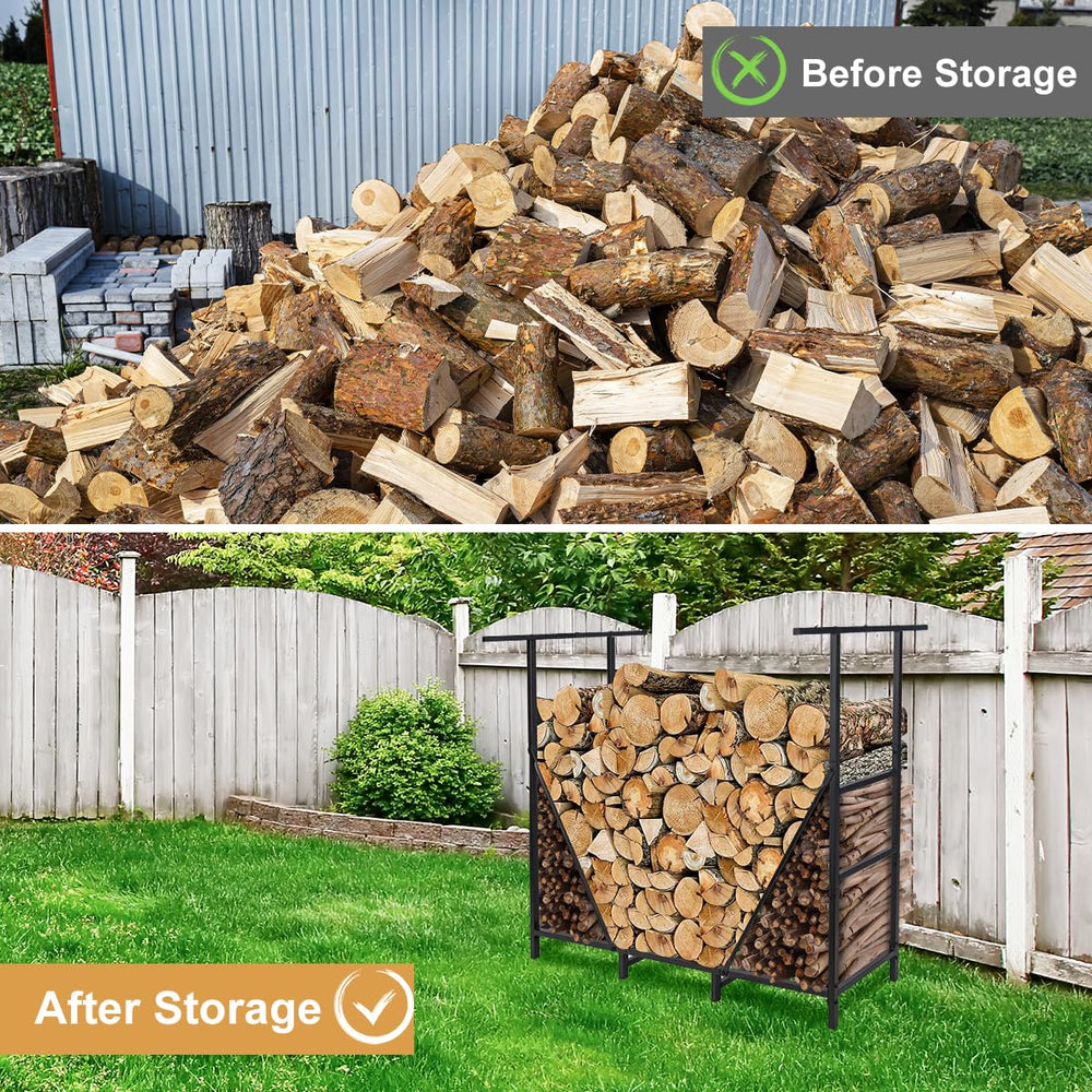 Vailge firewood rack placed by a backyard firepit to keep wood organized and dry