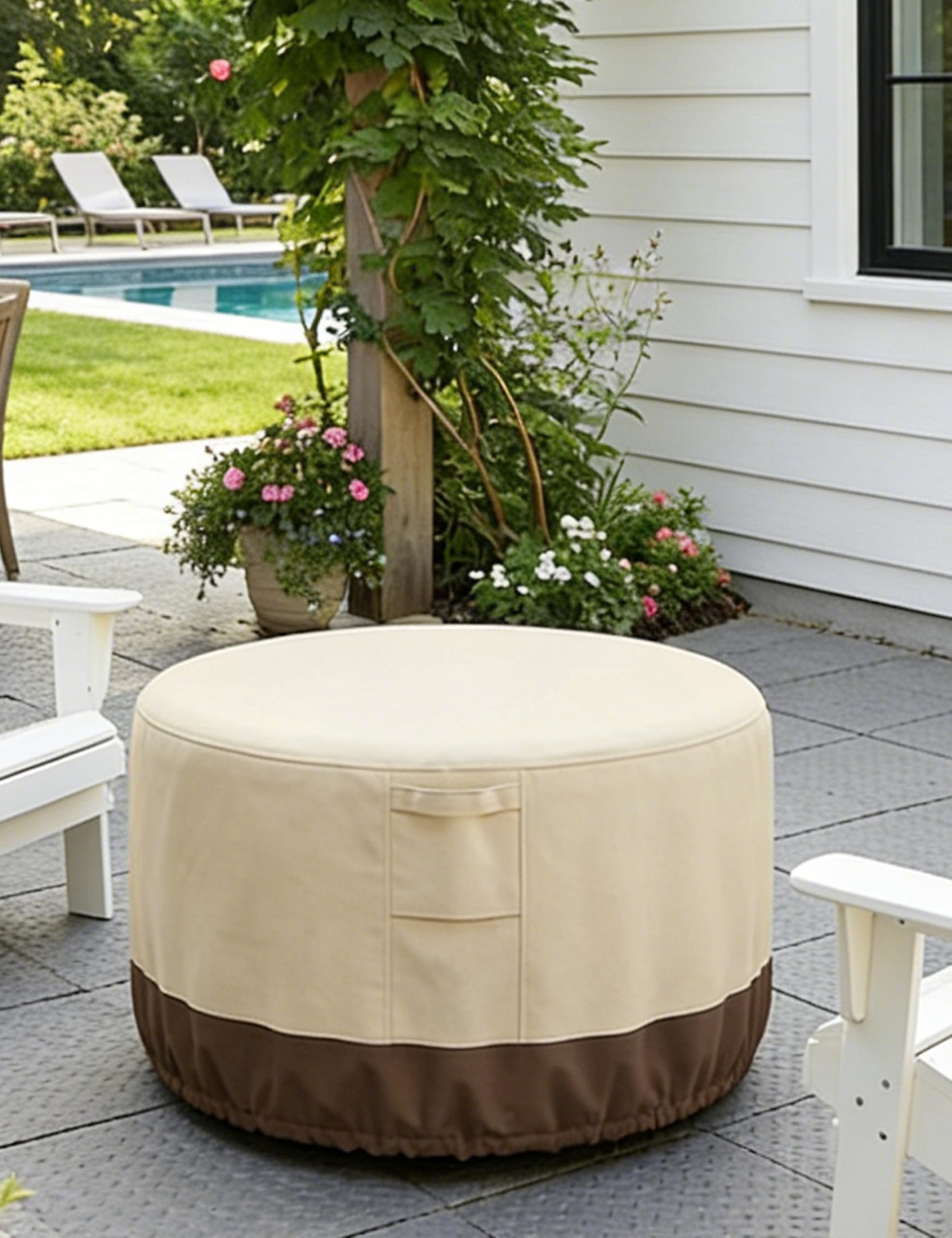 Vailge cover beside deck chair showing 50 inch diameter scale
