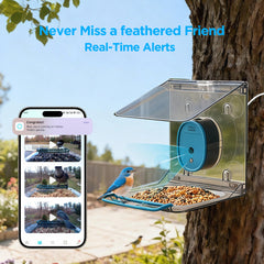 vakiav feeder in use with perched bird showing automatic capture and identification