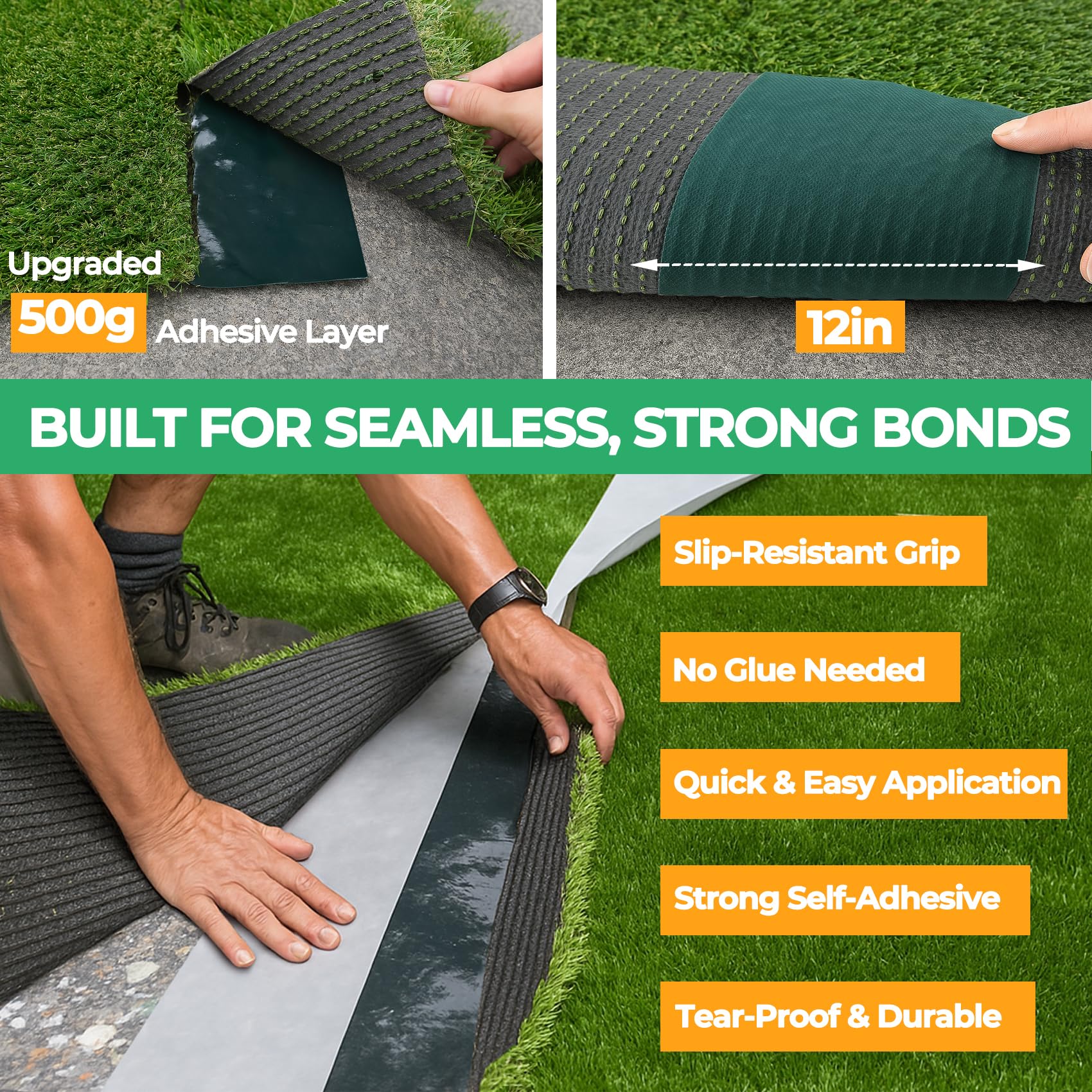 Valcora tape applied under synthetic turf seam demonstrating clean, secure join