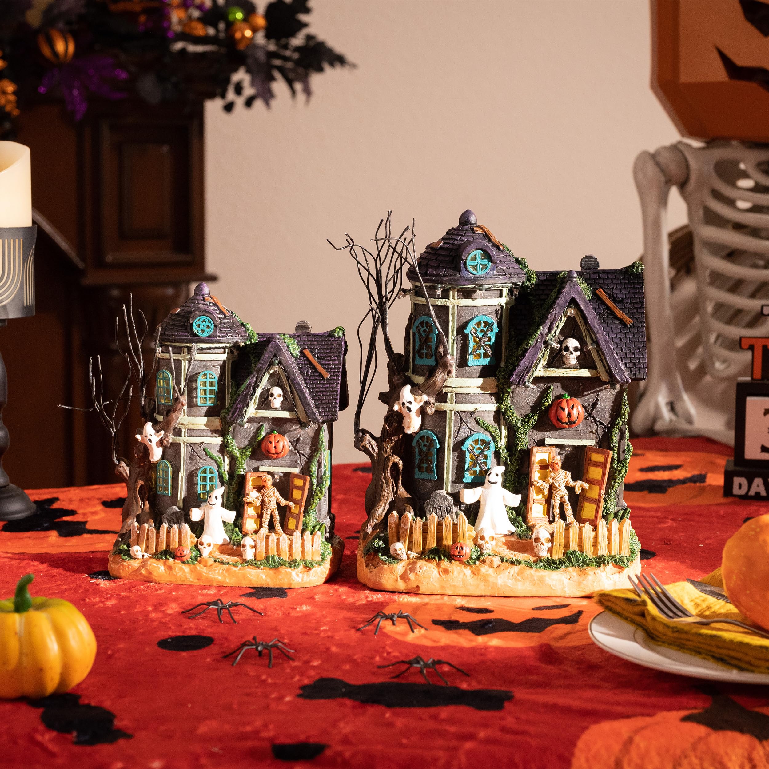 Valery Madelyn mantel at night with colorful lights for dramatic ambiance