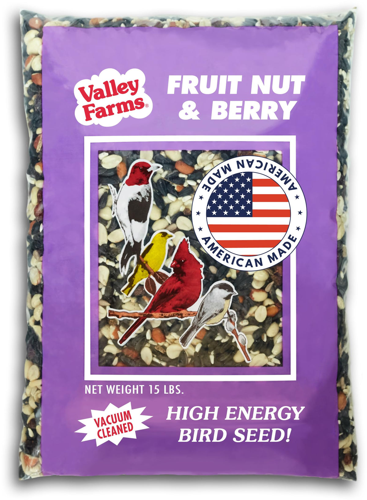 Valley Farms front of bag showing mix and branding, attracts backyard birds