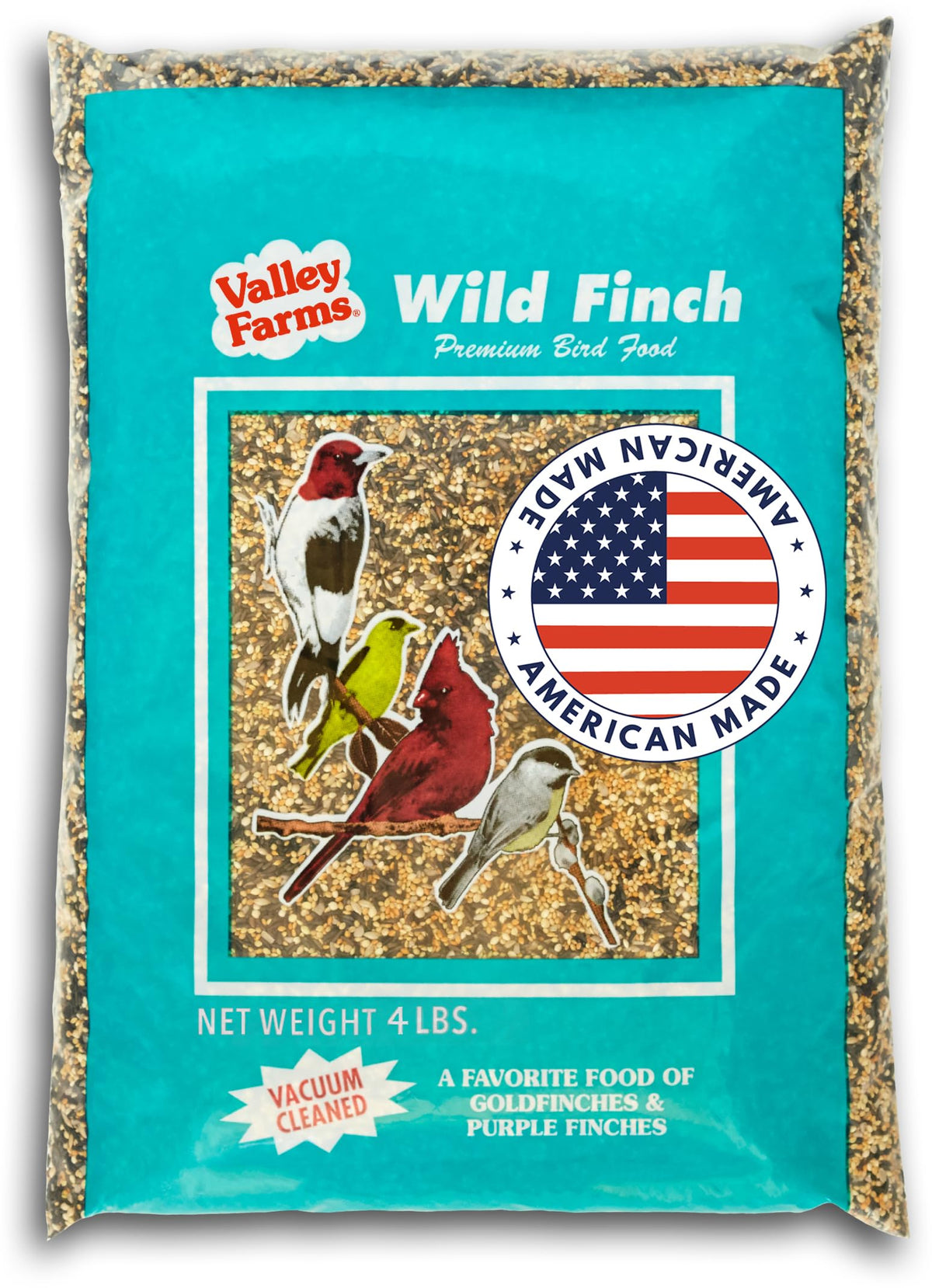Valley Farms front packaging showing 4 lb finch mix and clear branding benefit