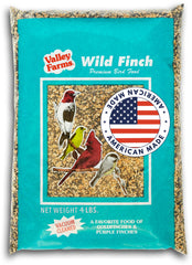 Valley Farms front packaging showing 4 lb finch mix and clear branding benefit